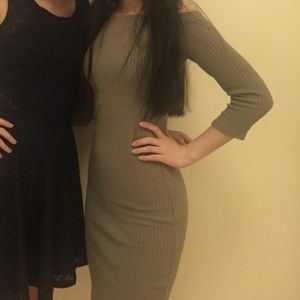 Muted green off the shoulder bodycon dress